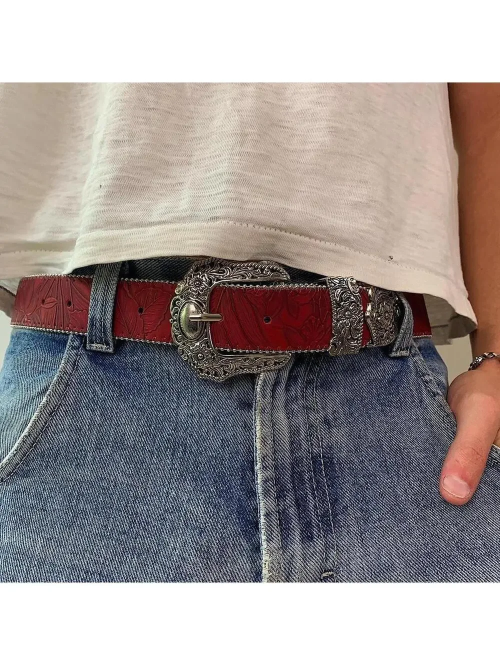 Red Western Floral belt with silver belt buckle. 38 inches length